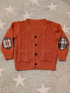 Vintage Rust Orange Cable Knit Cardigan with Plaid Elbow Patches